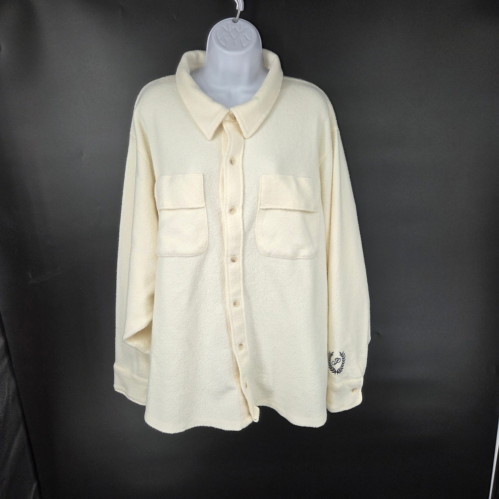 PINK Victoria's Secret Cream Fleece Button Up Shacket XXL Logo Sleeve
